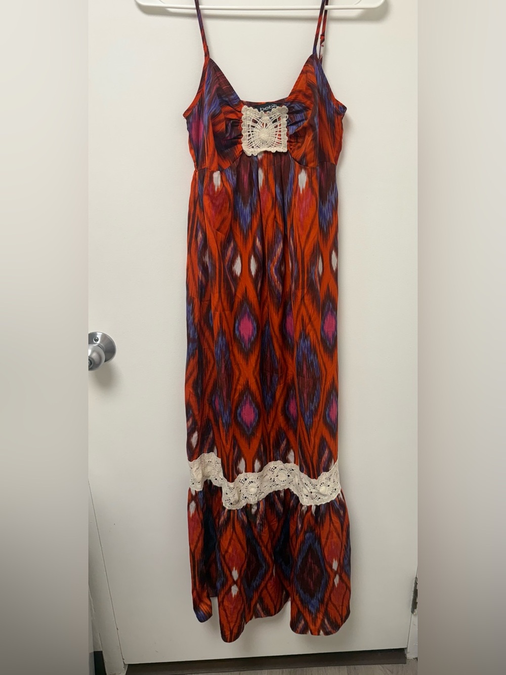 bebe Orange Maxi Dress with Purple and Pink Ikat Print and Cream Crochet Trimo
